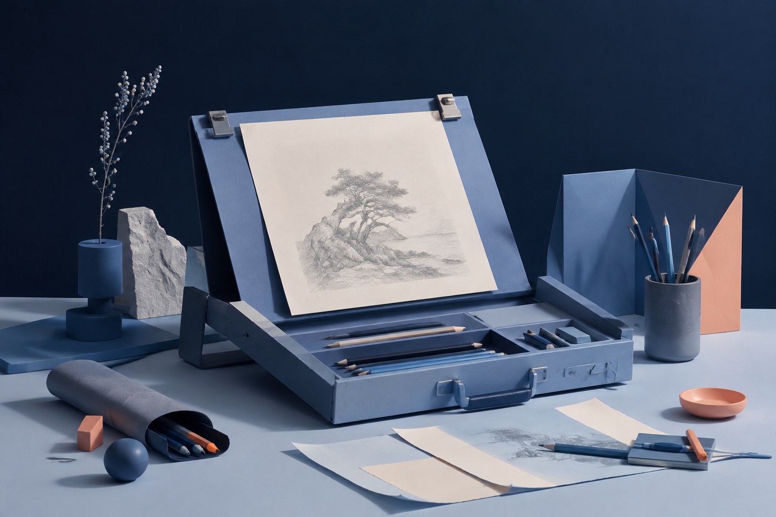 A portable drawing workbench with paper and pencils