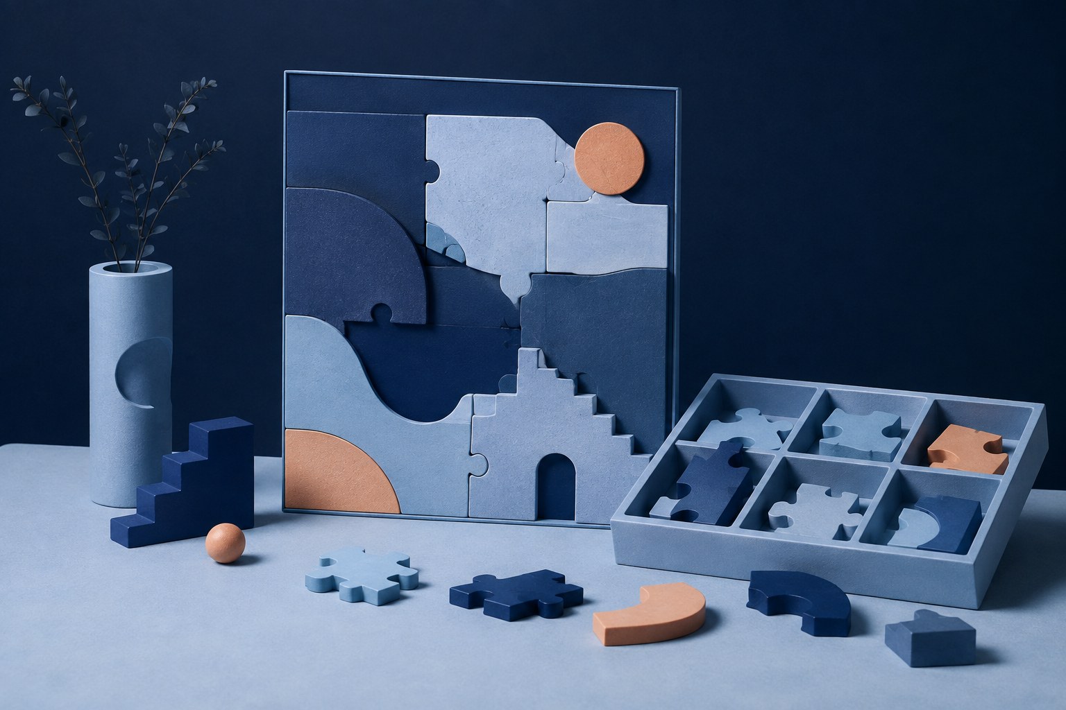 Prepare a cooperative tabletop picture puzzle session.
